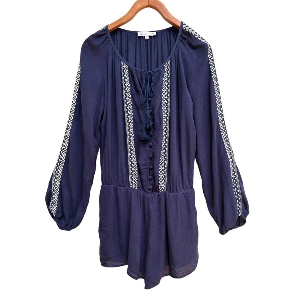 Heartloom Anthropologie Navy & White Embroidered Boho Button Romper, Size Medium